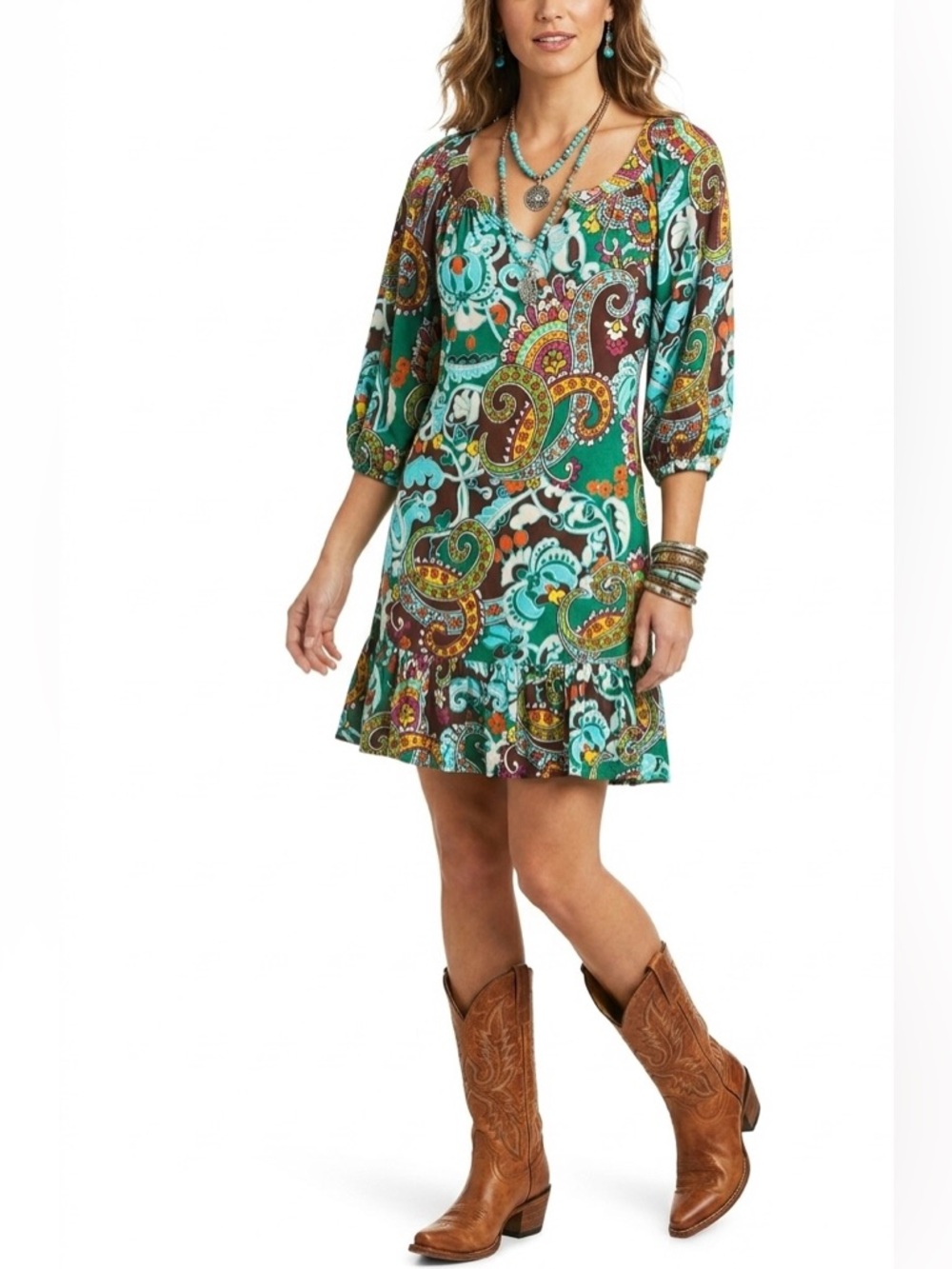 Uncle Frank $144 Ruffled Hem Paisley Boho Mini Dress S P2P 19.5” L 33.5” vibrant